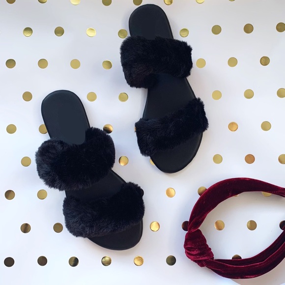 Shoes - Black fuzzy fur slides slippers double band